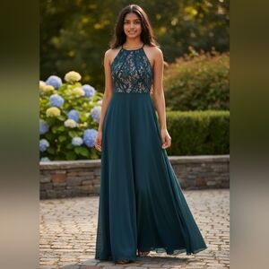 Teal Lace Halter Evening Dress - Elegant Women’s Formal Gown